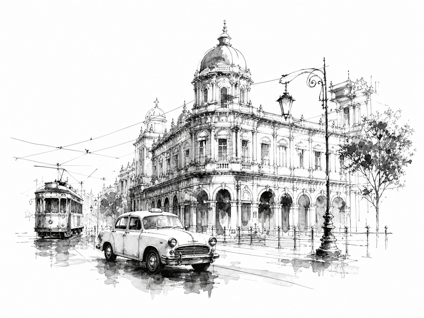 Hand-drawn Kolkata street scene